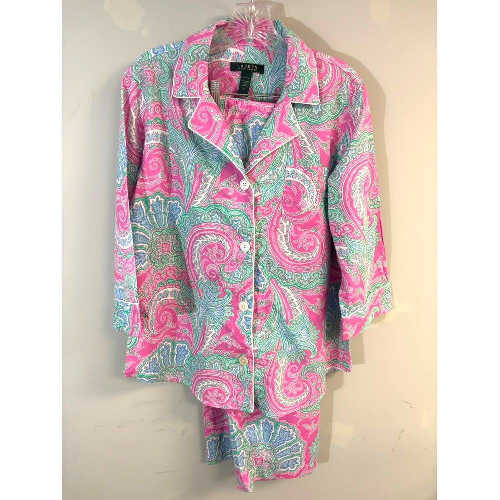 Lauren Ralph Lauren Pink Paisley Pajama Set 2pc Button Top Crop Capri Large